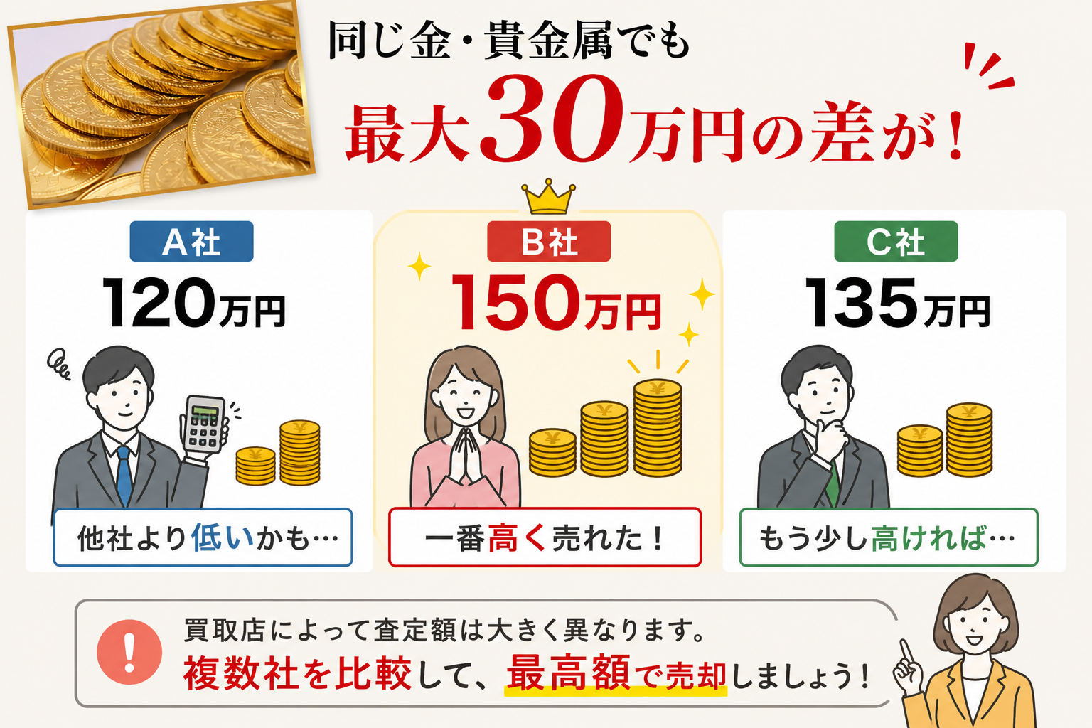 同じ品物でもお店ごとに30万円以上の差。まずは2〜3社を比較して一番高いお店を選ぼう